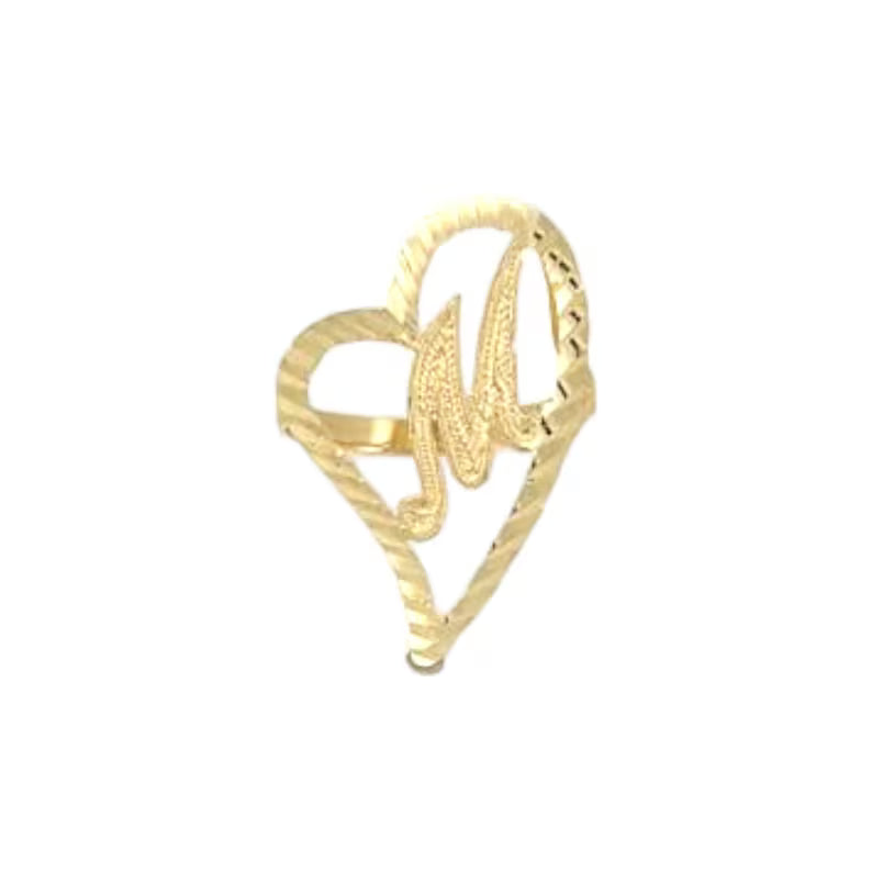 10k Yellow Gold Solid Slanted Heart Cursive Initial Ring with Diamond Cut