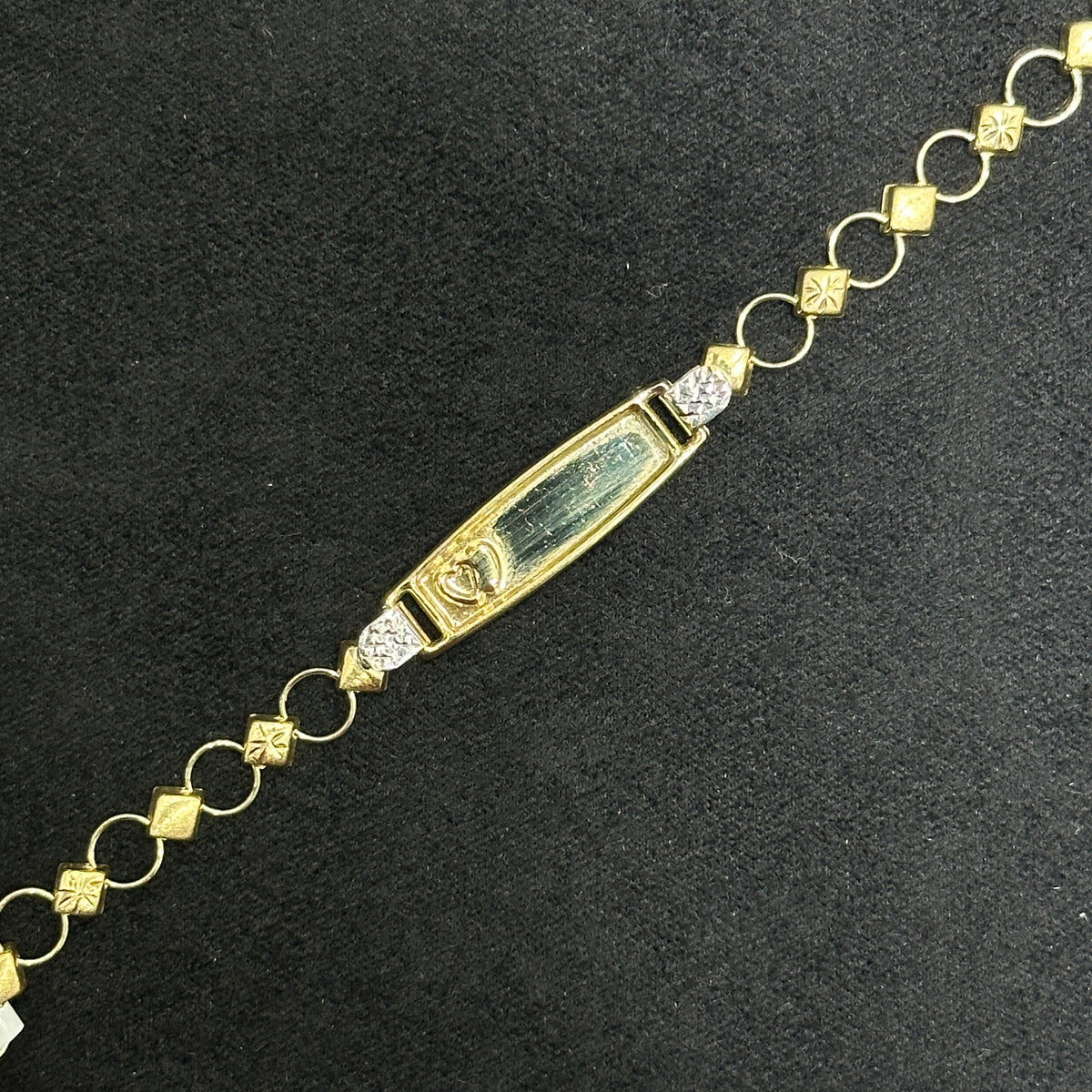 10k Nameplate Baby Bracelet Multicolor Gold Hearts and Diamond Cut