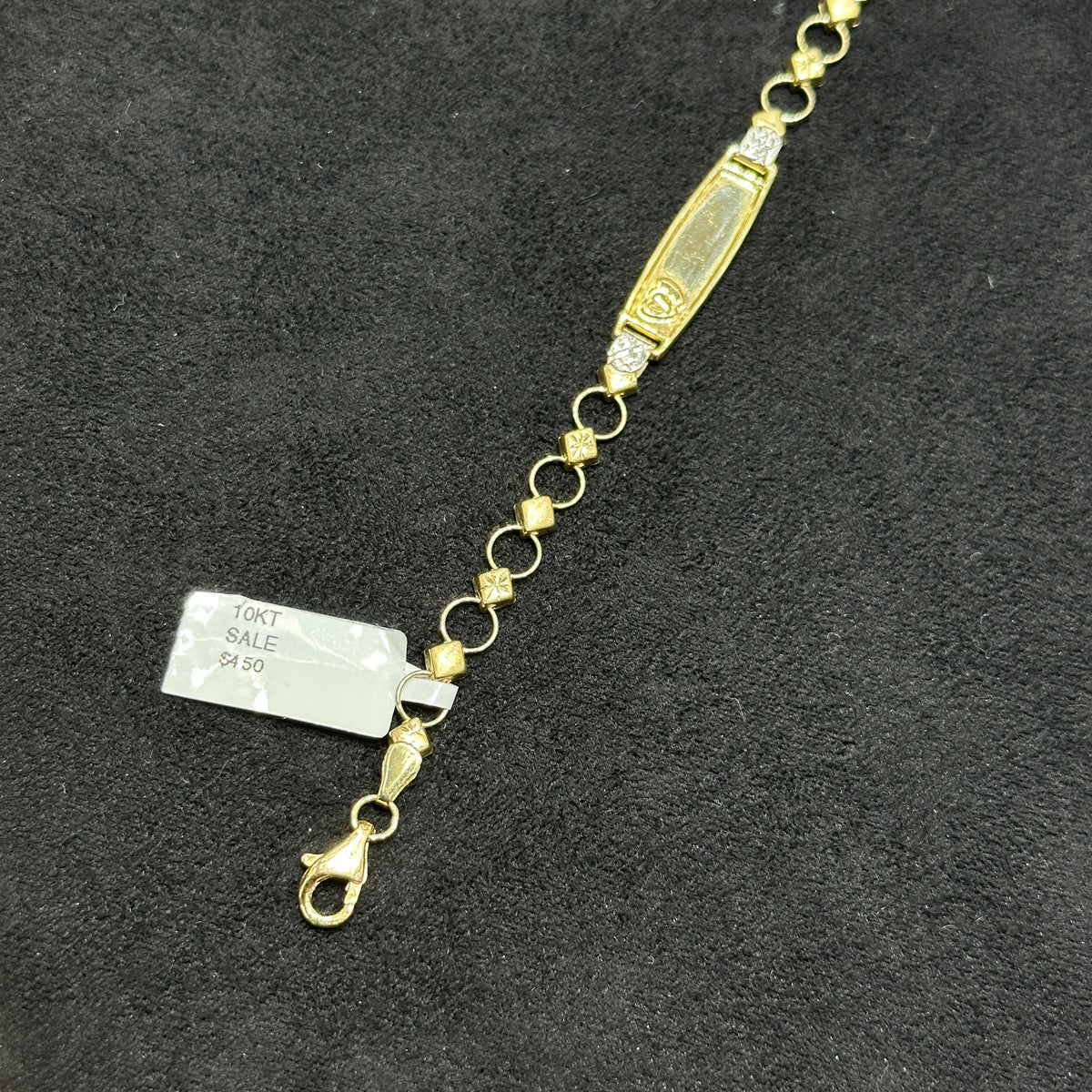 10k Nameplate Baby Bracelet Multicolor Gold Hearts and Diamond Cut