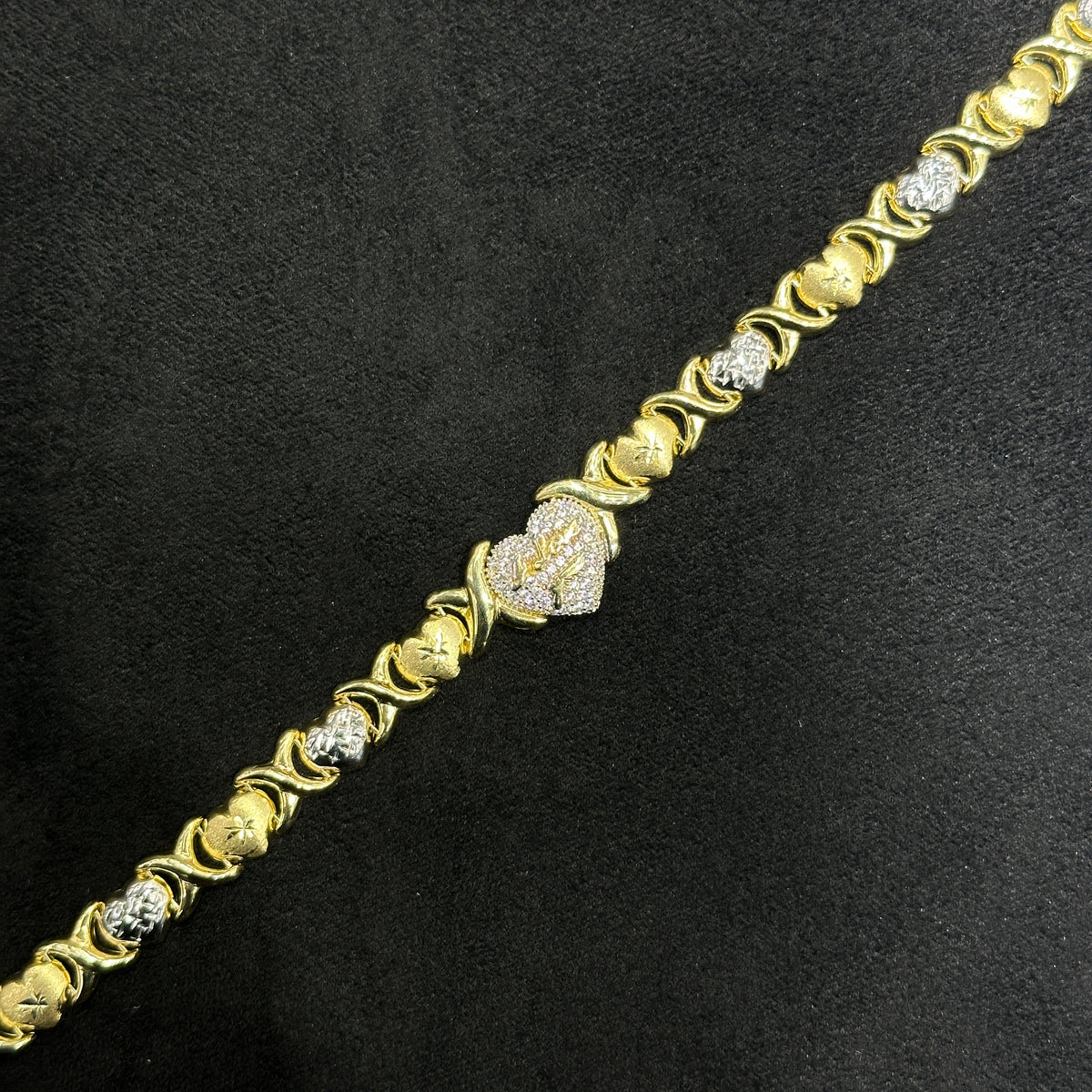 10k Two-Tone Gold CZ Heart XO Bracelet For Women