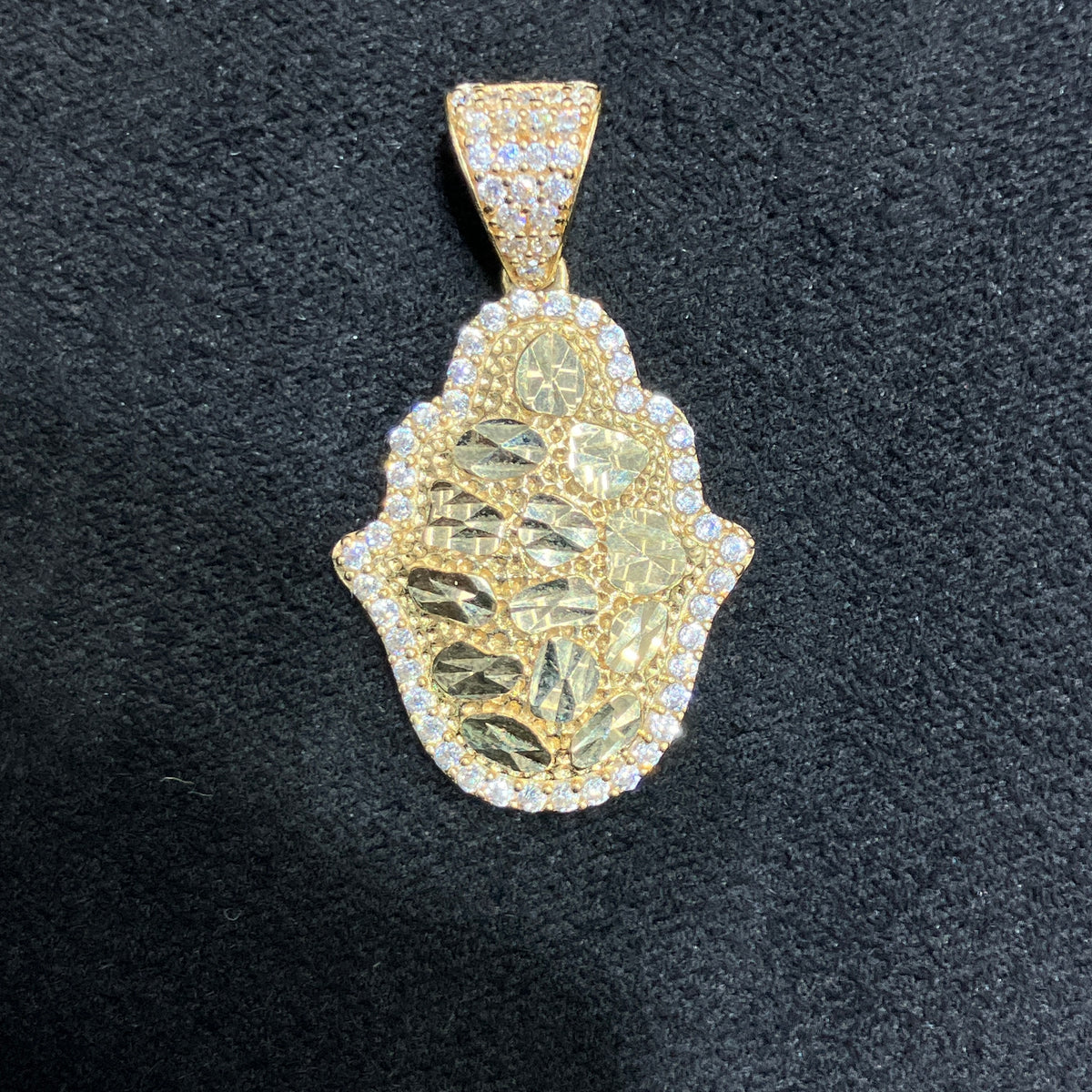 Hamsa Hand Nugget Style 10k Gold Charm Medium Size with CZ stones
