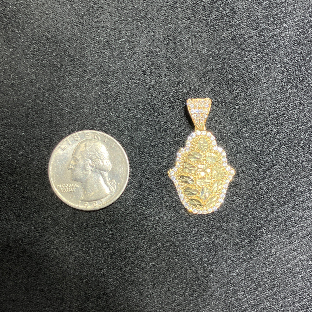 Hamsa Hand Nugget Style 10k Gold Charm Medium Size with CZ stones