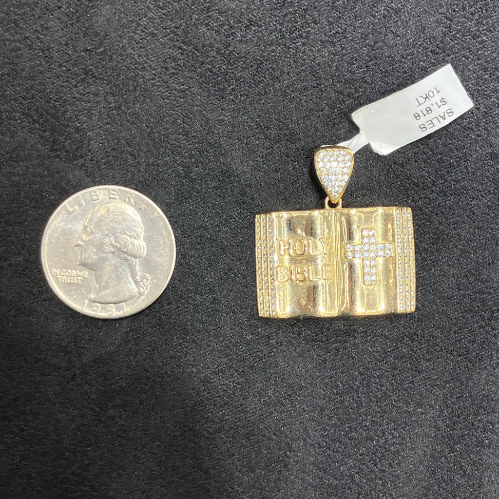 10k Yellow Gold CZ Holy Bible & Cross Charm For Men & Women