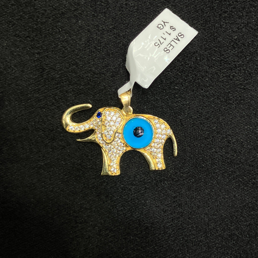 10K Gold Evil Eye CZ Elephant Pendant Unisex Charm
