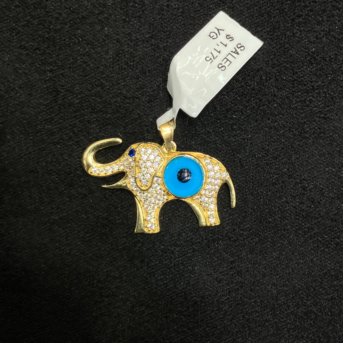 10K Gold Evil Eye CZ Elephant Pendant Unisex Charm