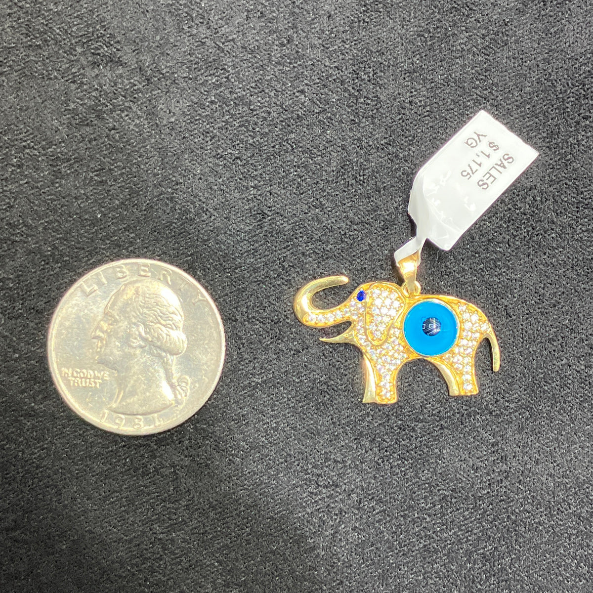 10K Gold Evil Eye CZ Elephant Pendant Unisex Charm