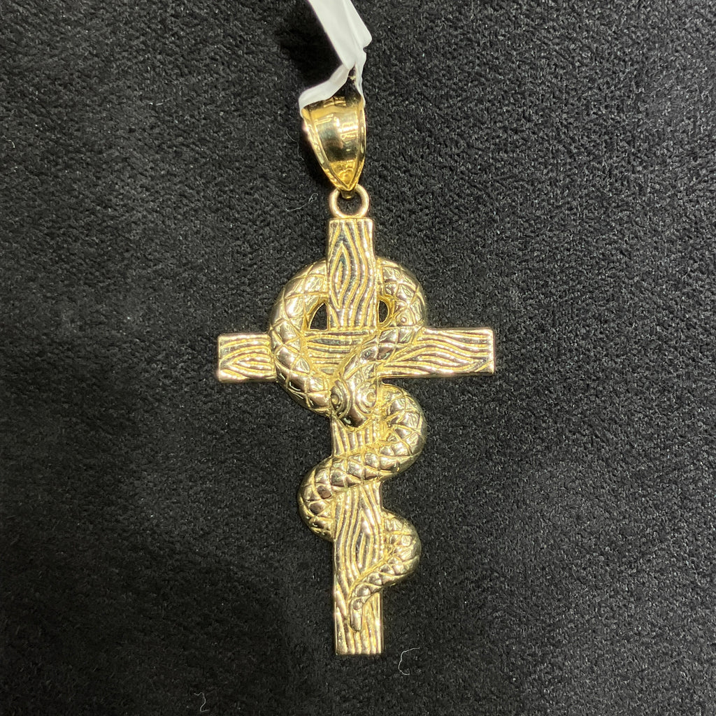 10K Real Gold Snake On The Cross Charm Symbolic Pendant Unisex