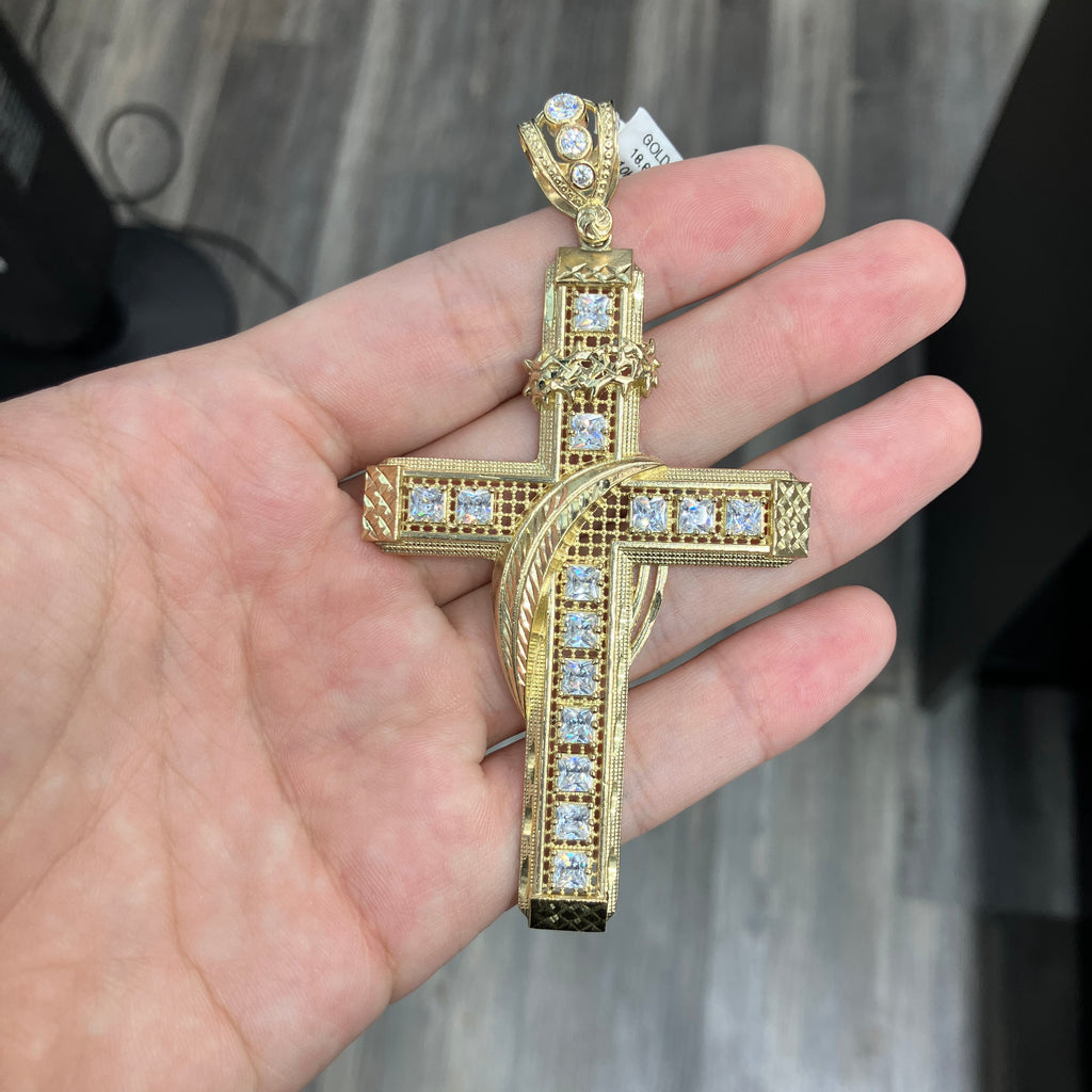 10k Large Yellow Gold Cross Charm with CZ Stones