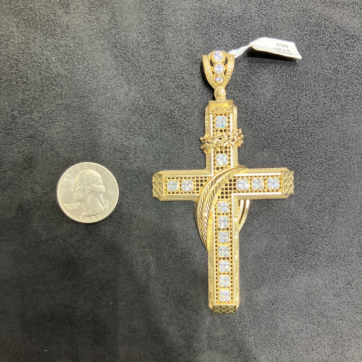 10k Large Yellow Gold Cross Charm with CZ Stones