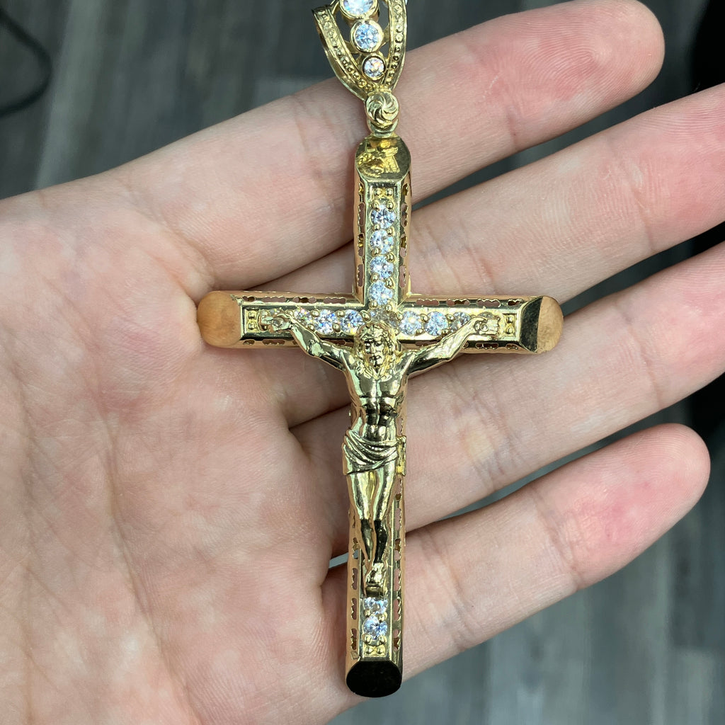 10k Real Yellow Gold Crucifix Cross Pendant CZ