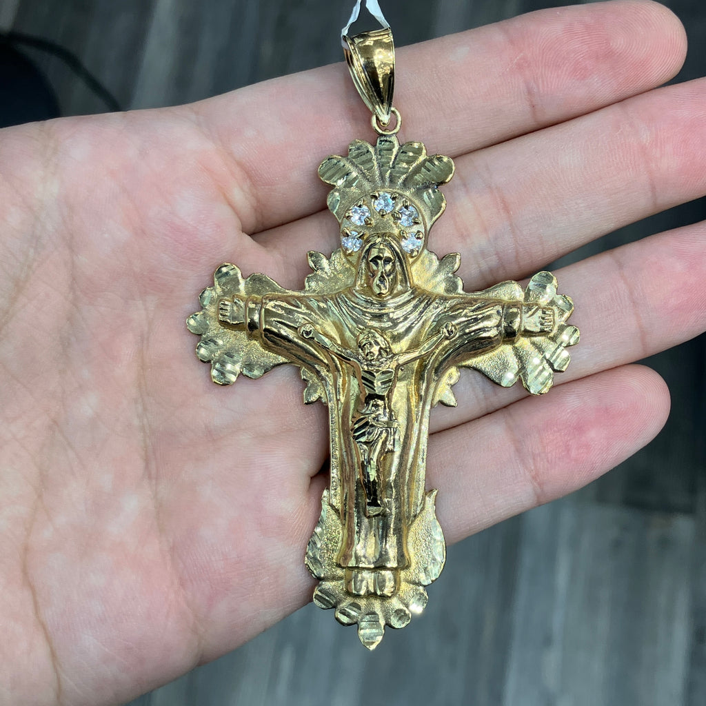 Extra Large Gold Cross with Jesus Fancy Style Charm Pendant 10k Real Gold w CZ