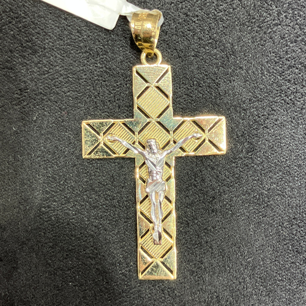 Fancy Style Large Cross 10k Yellow and White Gold Charm Pendant