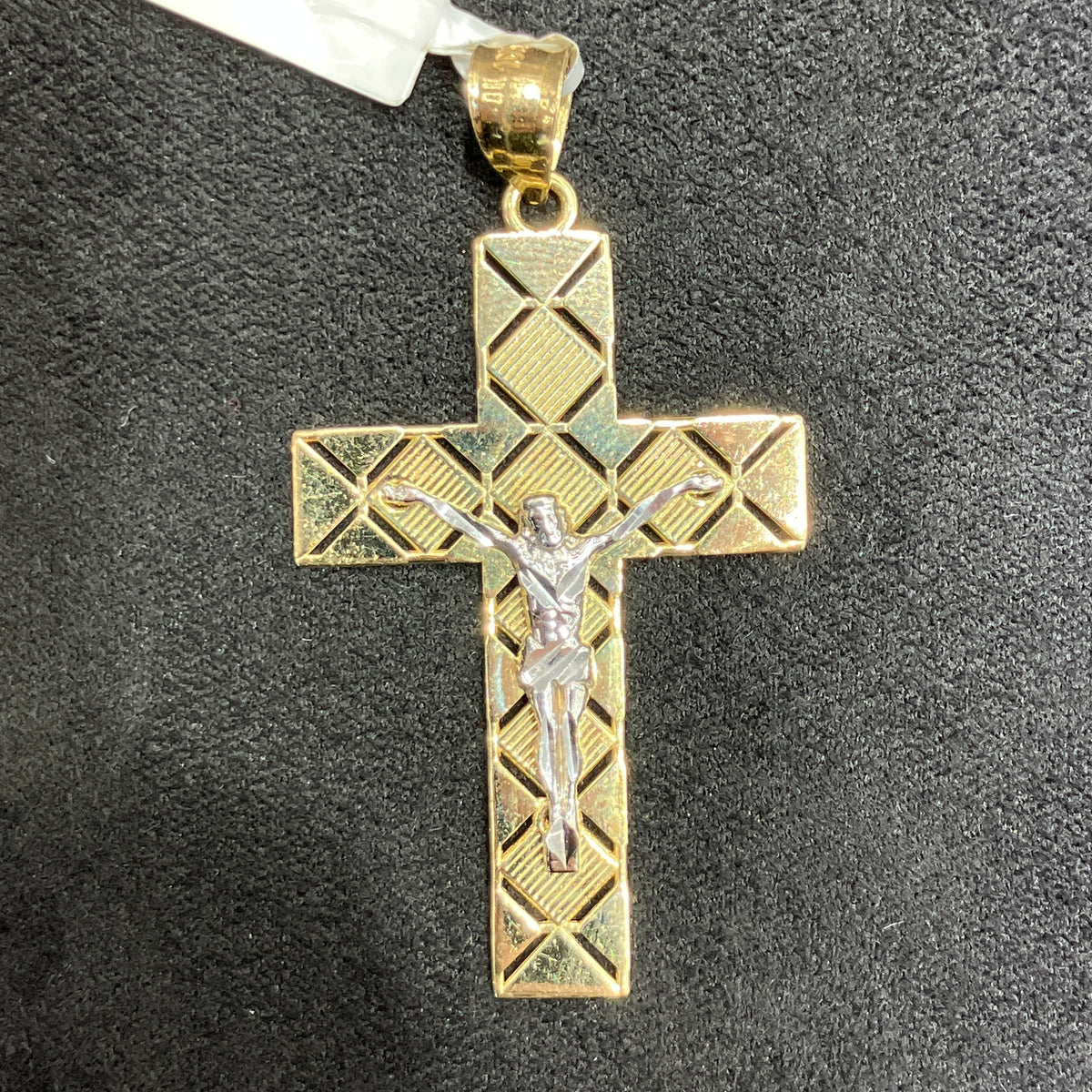 Fancy Style Large Cross 10k Yellow and White Gold Charm Pendant