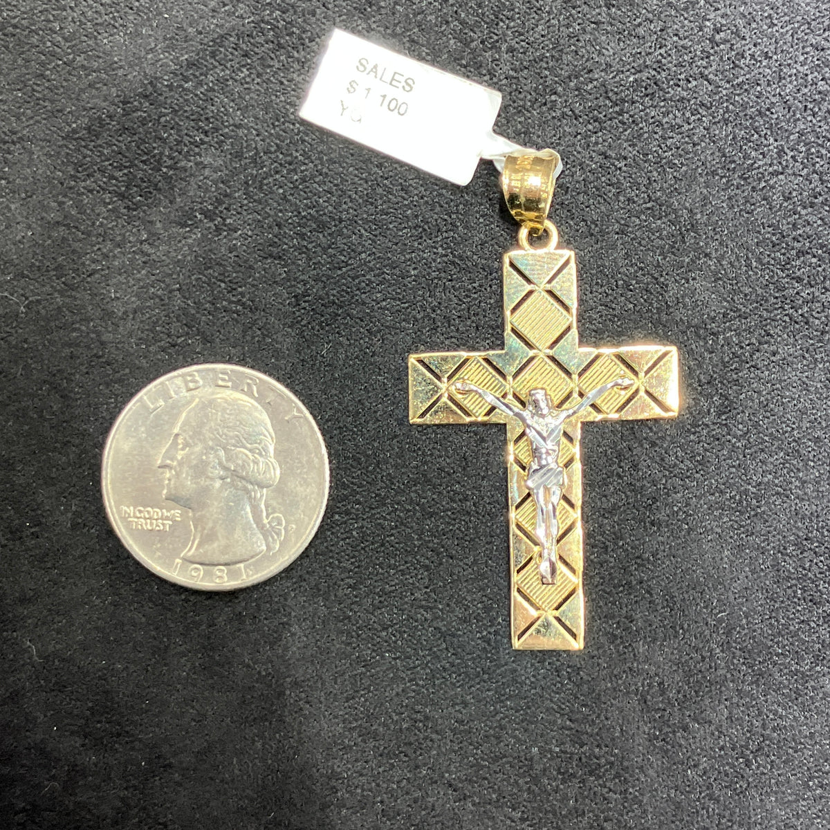 Fancy Style Large Cross 10k Yellow and White Gold Charm Pendant