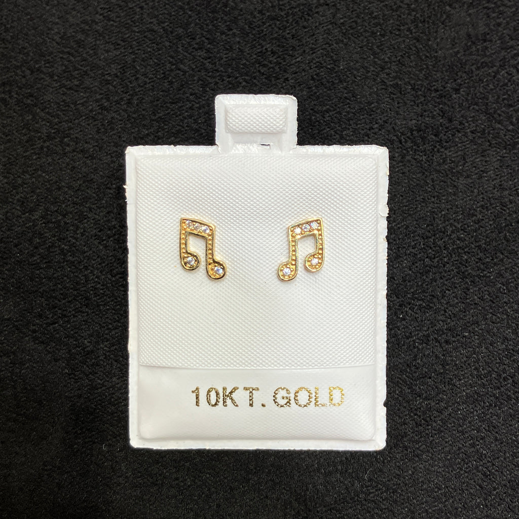 10K Gold Music Note Stud Earrings with Simulated CZ