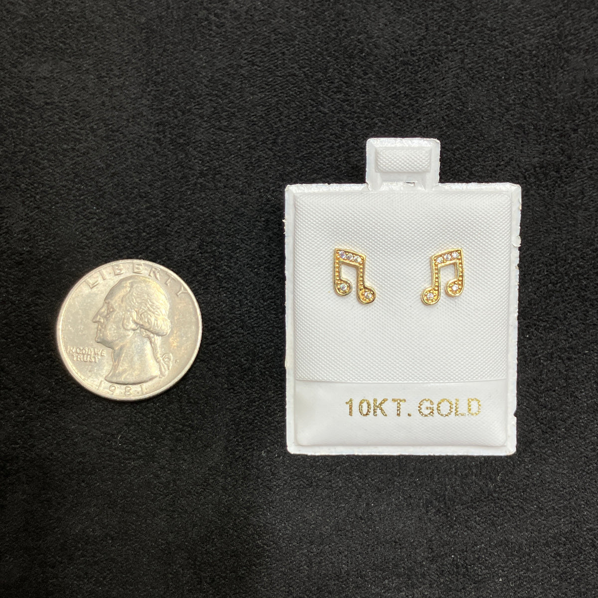 10K Gold Music Note Stud Earrings with Simulated CZ