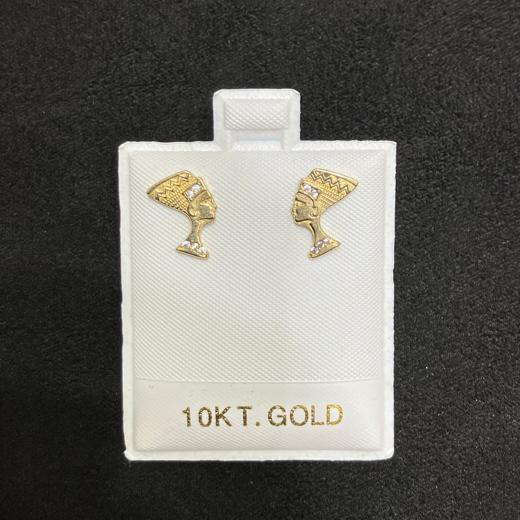 10K Gold Nefertiti Stud Earrings with Simulated CZ