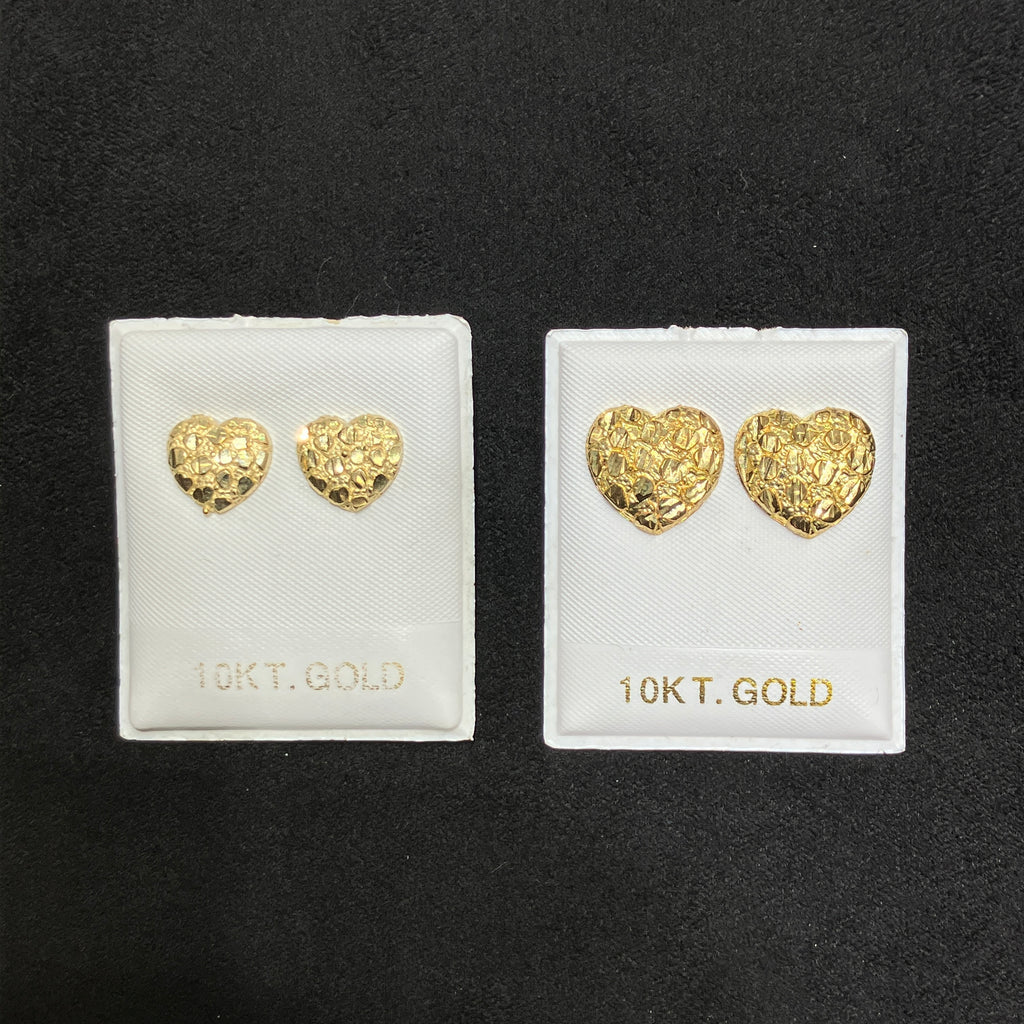 10K Yellow Gold Diamond-Cut Heart Nugget Stud Earrings, Medium & Large
