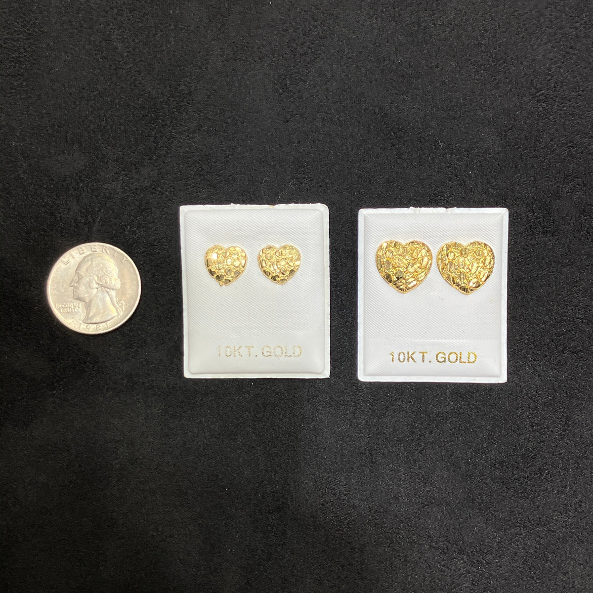 10K Yellow Gold Diamond-Cut Heart Nugget Stud Earrings, Medium & Large