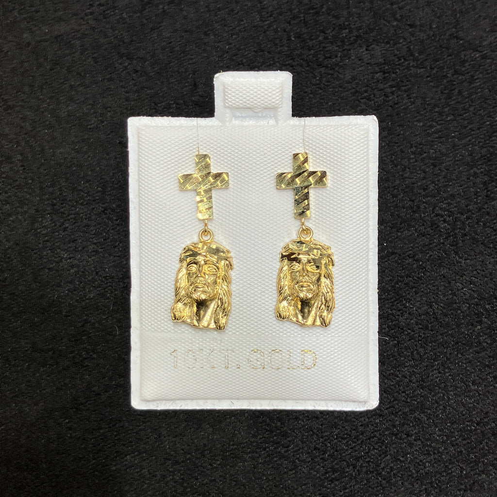 10K Yellow Gold Cross & Face Dangle Earrings