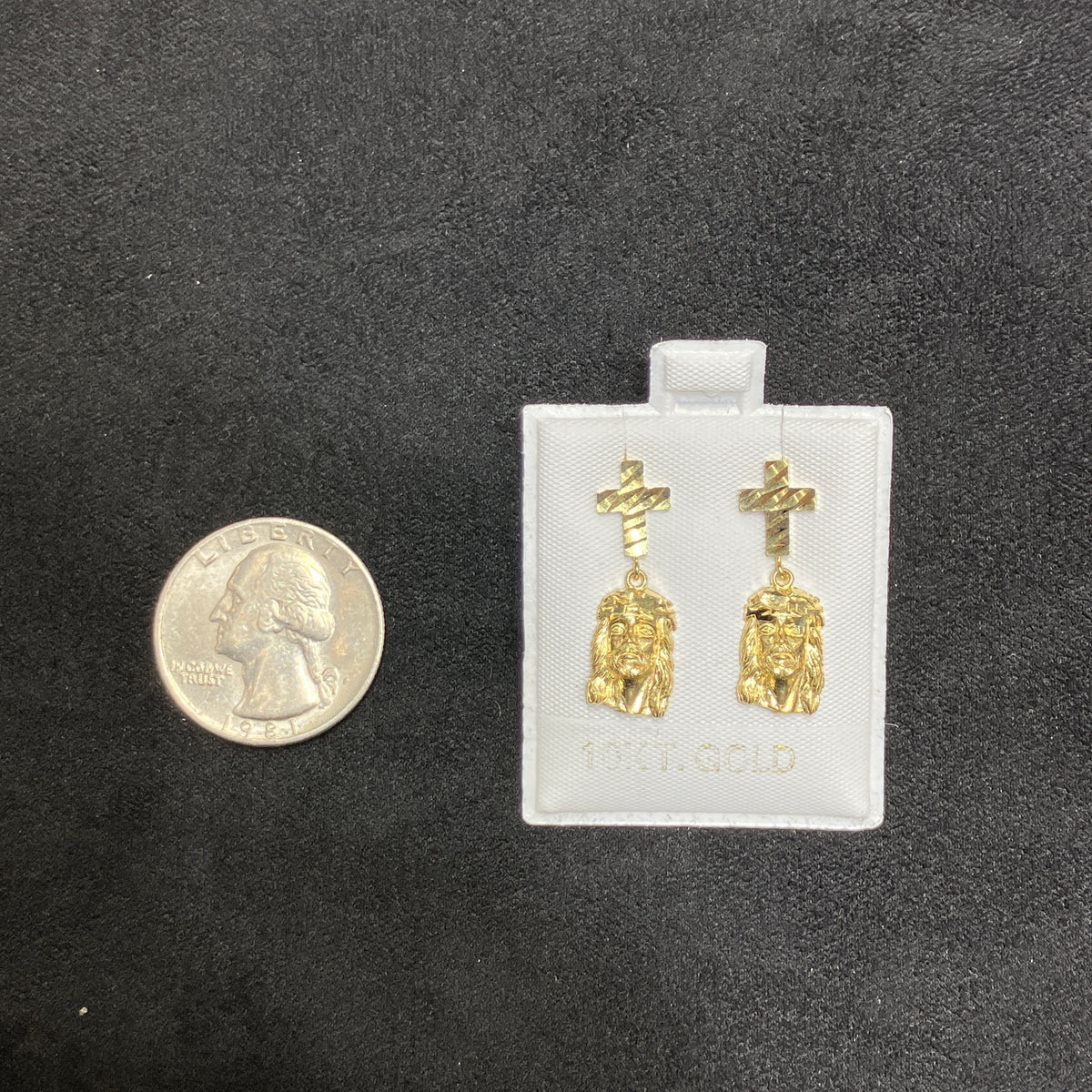 10K Yellow Gold Cross & Face Dangle Earrings