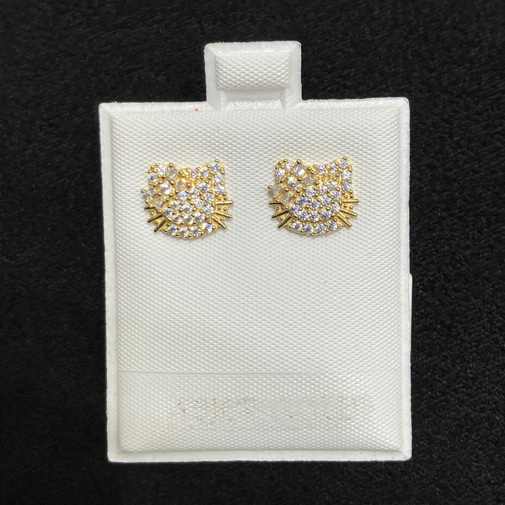 10K Yellow Gold CZ Cat Character Stud Earrings for Women