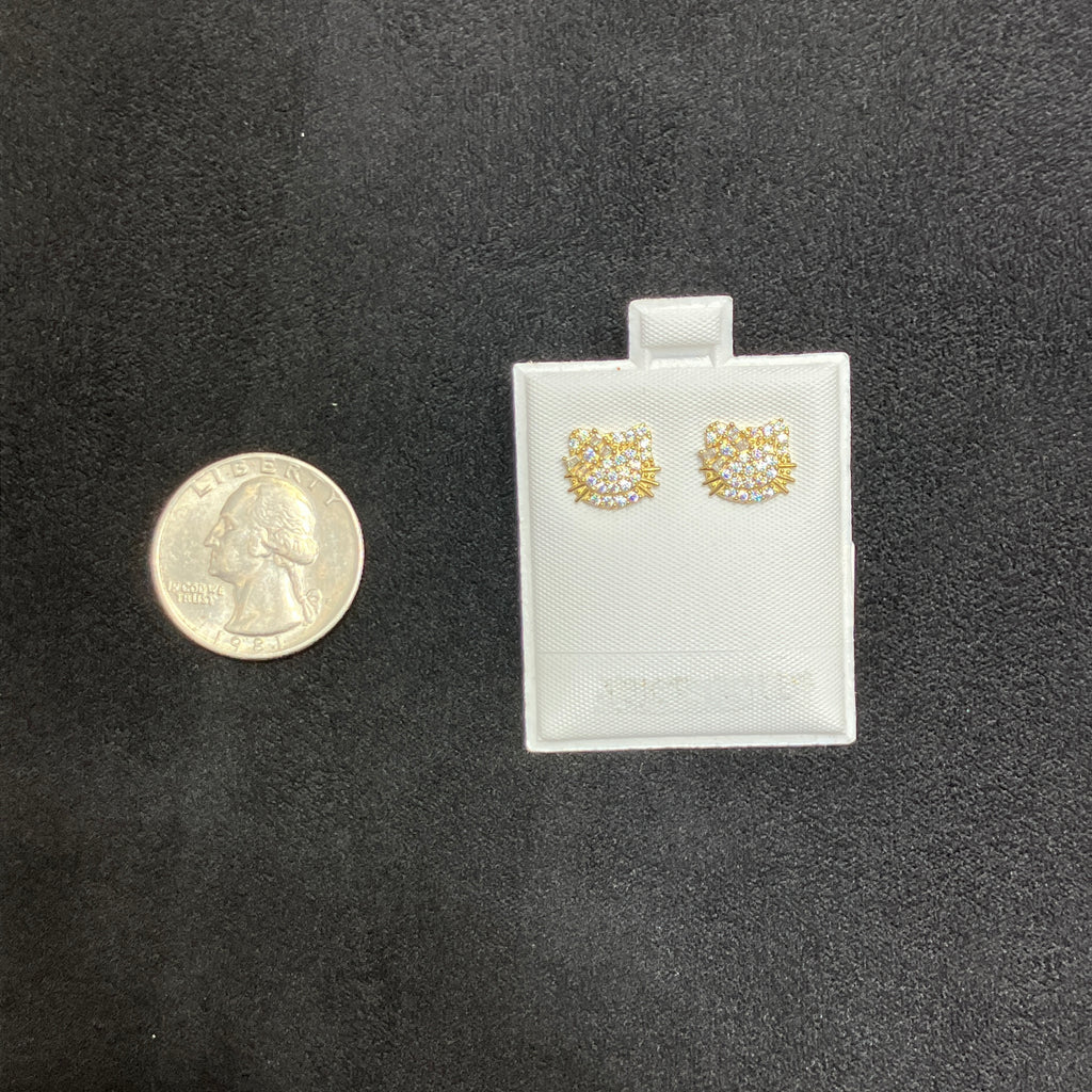 10K Yellow Gold CZ Cat Character Stud Earrings for Women