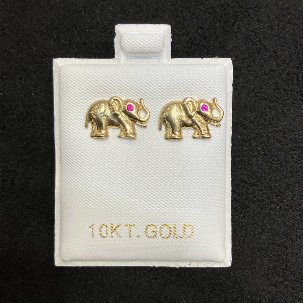 10K Yellow Gold Red CZ Elephant Stud Earrings
