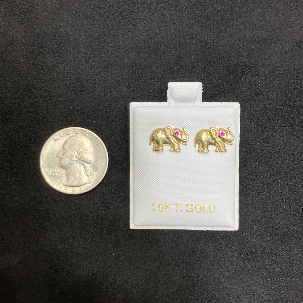 10K Yellow Gold Red CZ Elephant Stud Earrings