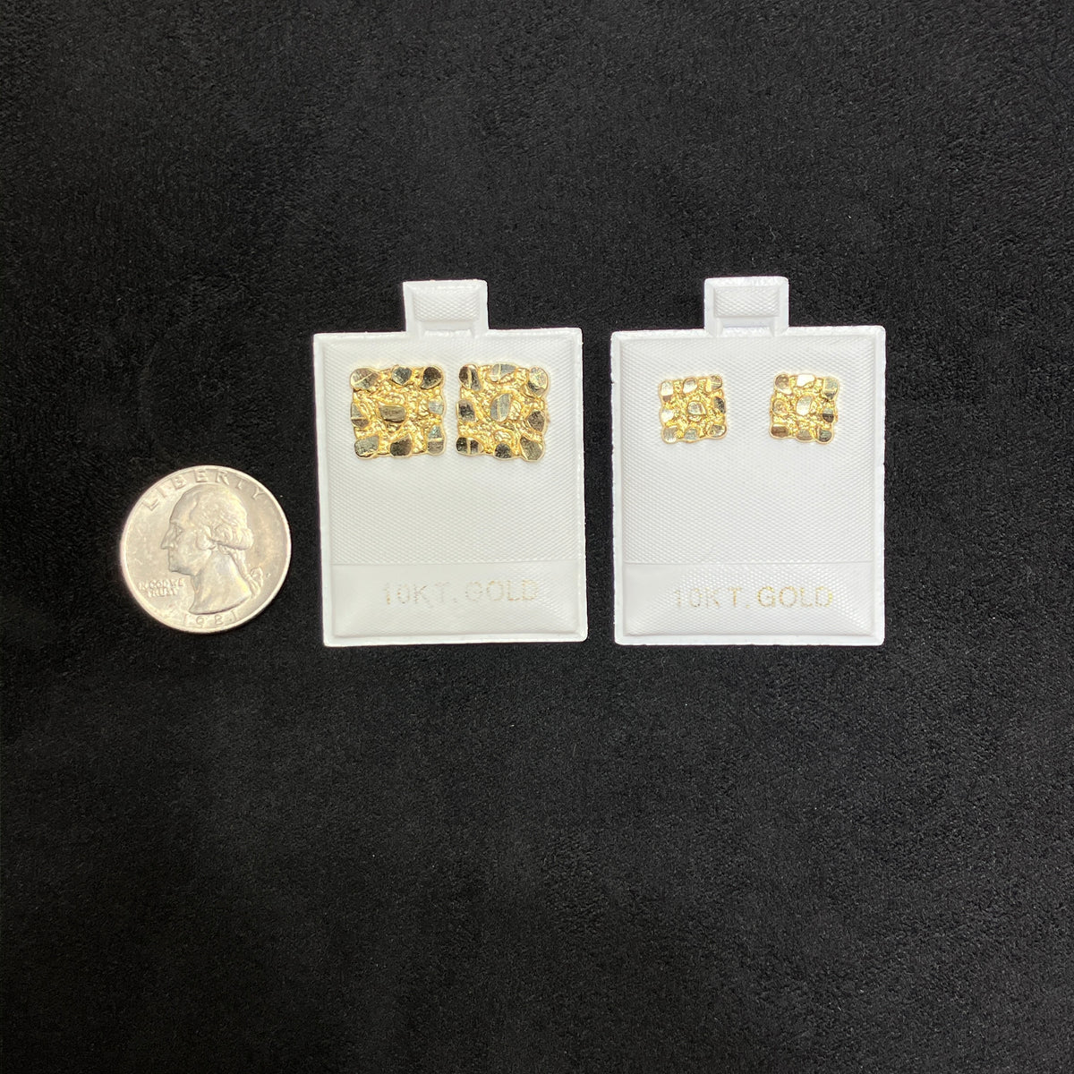 10K Yellow Gold Diamond-Cut Square Nugget Earrings, Small & Large