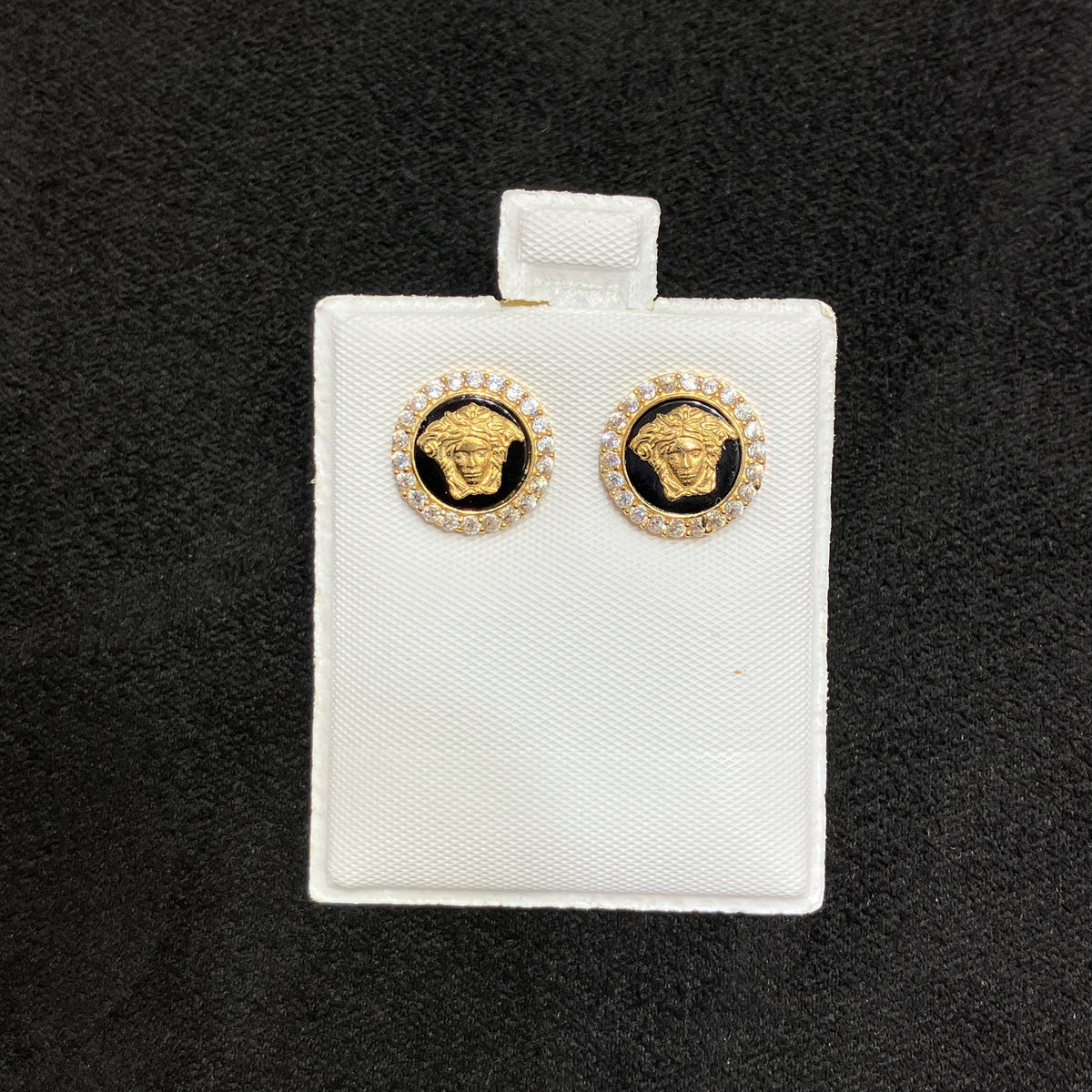 10k Yellow Gold Round Stud Earrings with Black Enamel and Simulated CZ