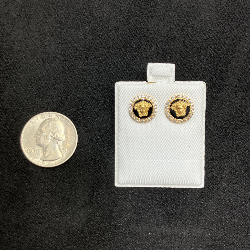 10k Yellow Gold Round Stud Earrings with Black Enamel and Simulated CZ