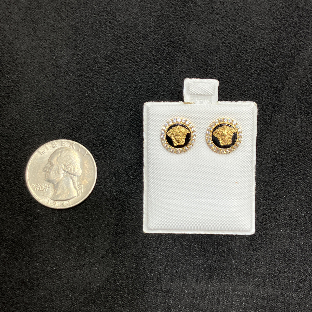 10k Yellow Gold Round Stud Earrings with Black Enamel and Simulated CZ