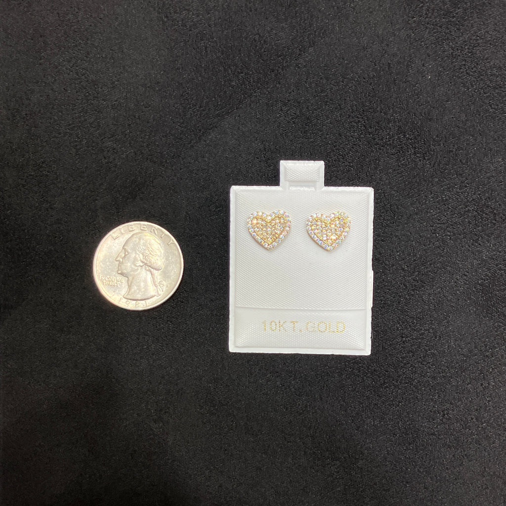 10K Yellow Gold Two-Layer Heart CZ Stud Earrings