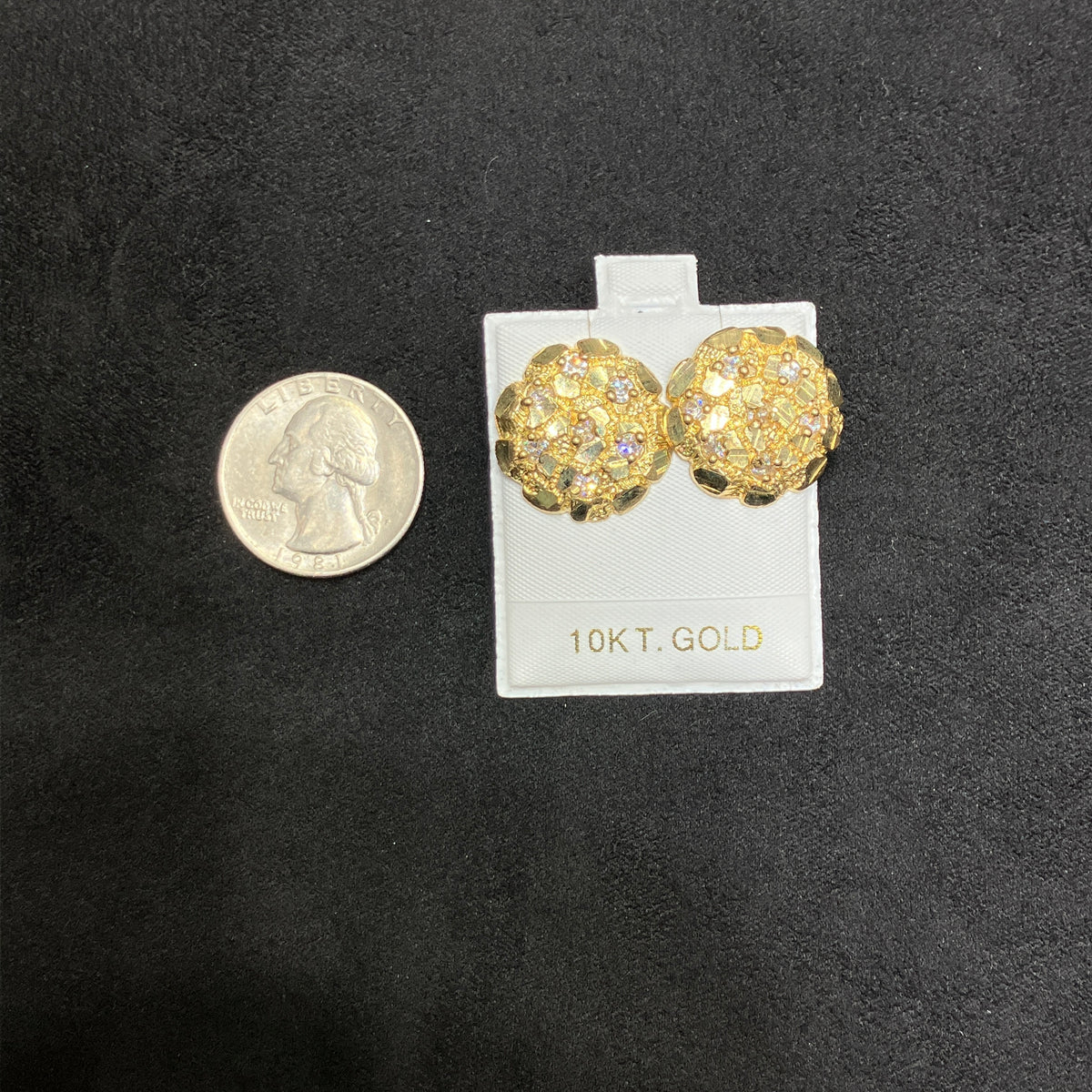 10K Yellow Gold Large Circle Nugget Stud Earrings with CZ