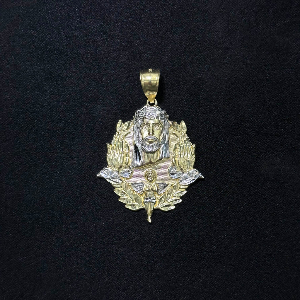 10k Two-Tone Jesus Head Charm with Praying Hands & Angles