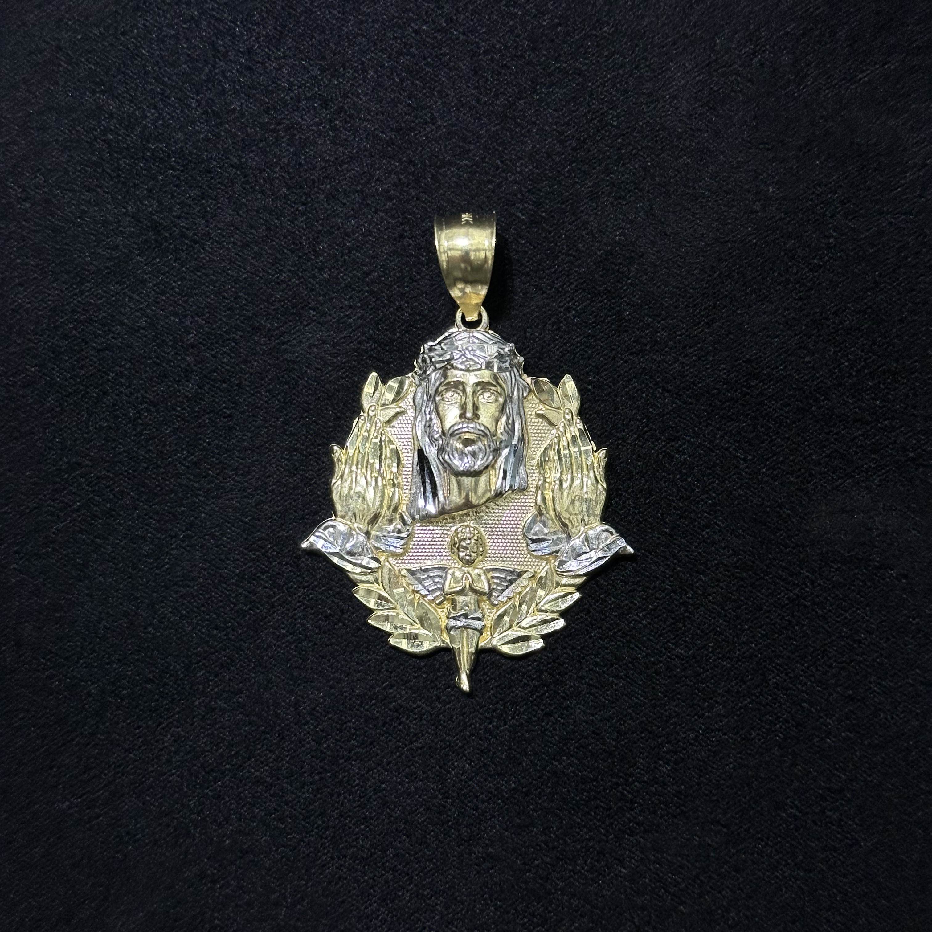 10k Two-Tone Jesus Head Charm with Praying Hands & Angles