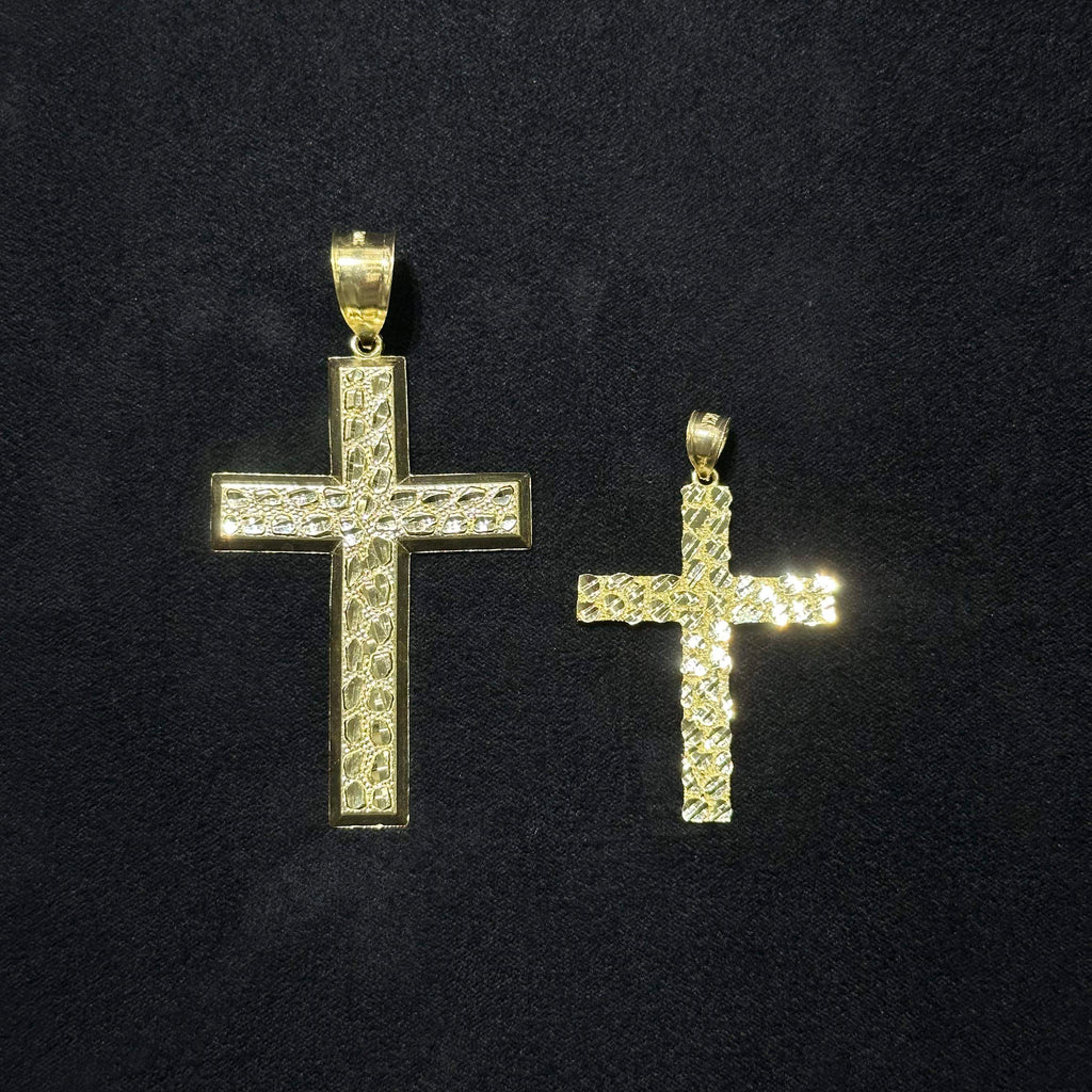 10K Solid Gold Diamond Cut Nugget Cross Charms Large & Medium