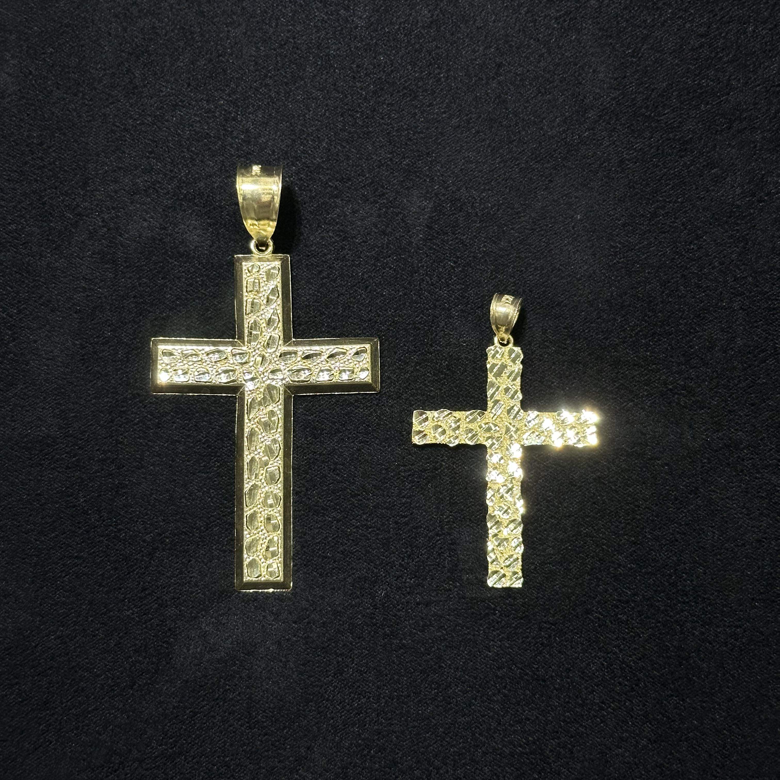 10K Solid Gold Diamond Cut Nugget Cross Charms Large & Medium
