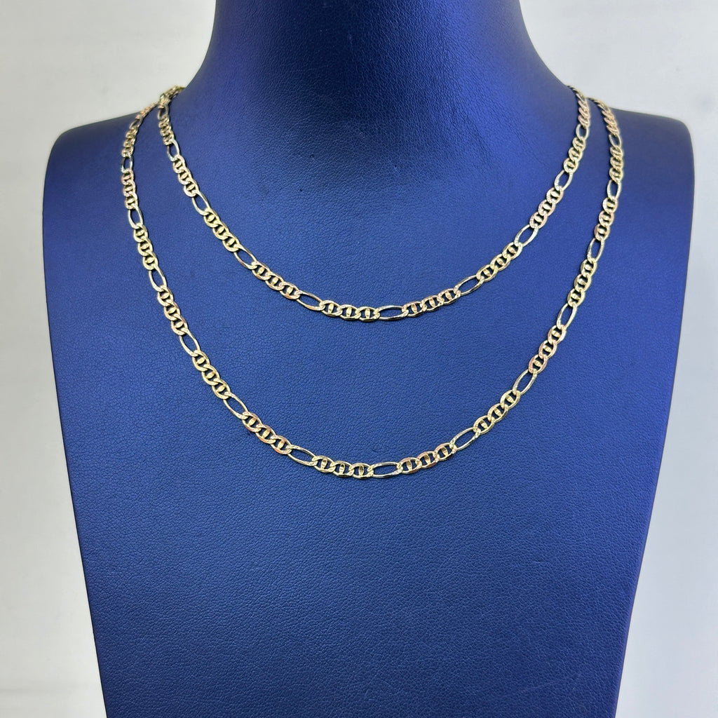 14k Gold Chain 3 color Fancy style Figaro 18" 20" 24"