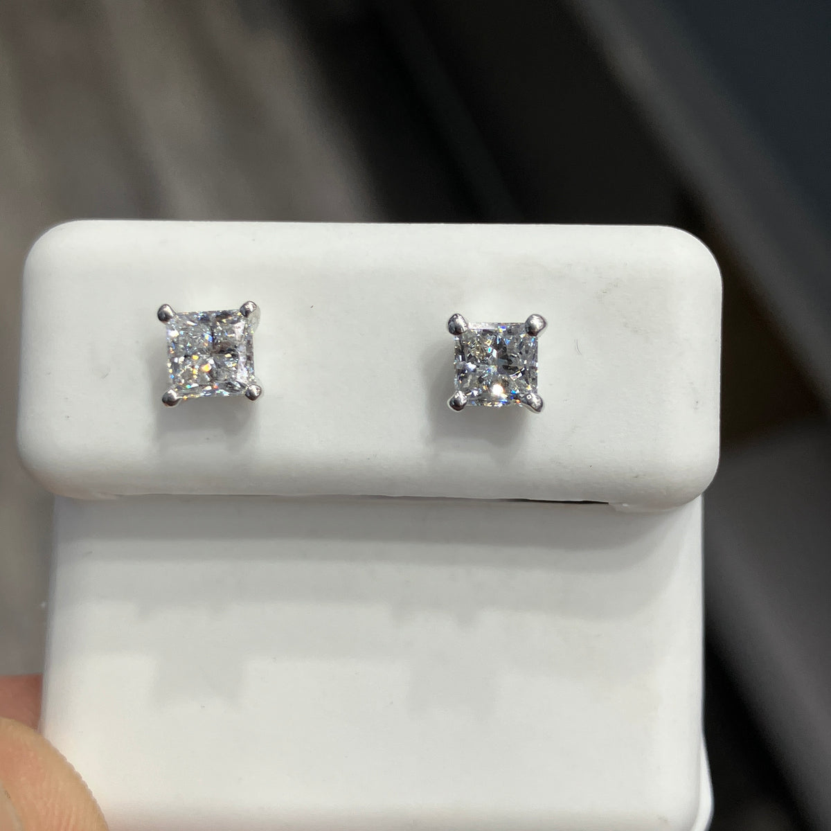 14K White Gold w/ 1.03CTW VVS Lab Grown Princess Cut Solitaire Stud Earrings