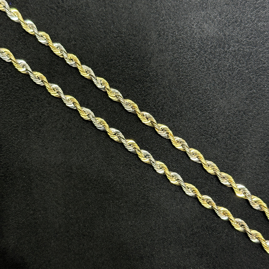 2 Tone 10k Gold Yellow and White Style Rope Chain Unisex 18" 20" 22" 4mm