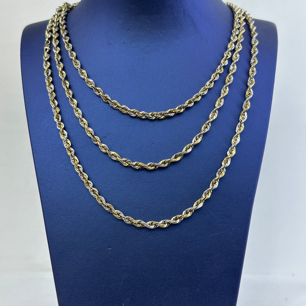 2 Tone 10k Gold Yellow and White Style Rope Chain Unisex 18" 20" 22" 4mm