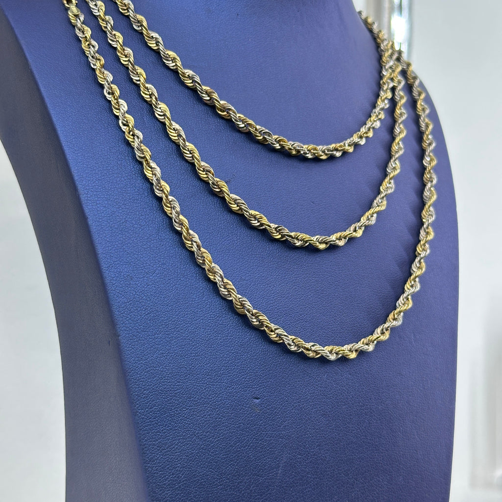 2 Tone 10k Gold Yellow and White Style Rope Chain Unisex 18" 20" 22" 4mm