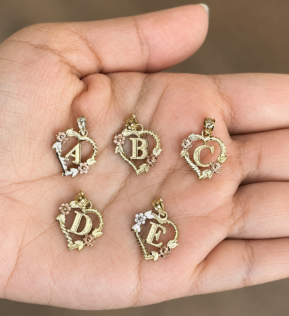 10k Multi-Tone Gold Heart Initial Pendant with Rose Gold Flower