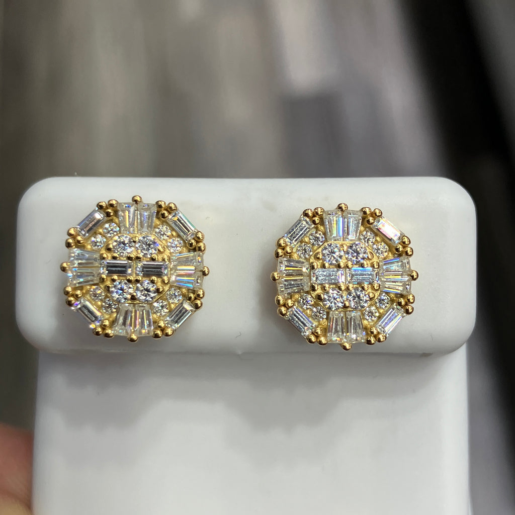 10mm Baguette Moissanite Stud Earrings, Gold-Plated 925 Sterling Silver