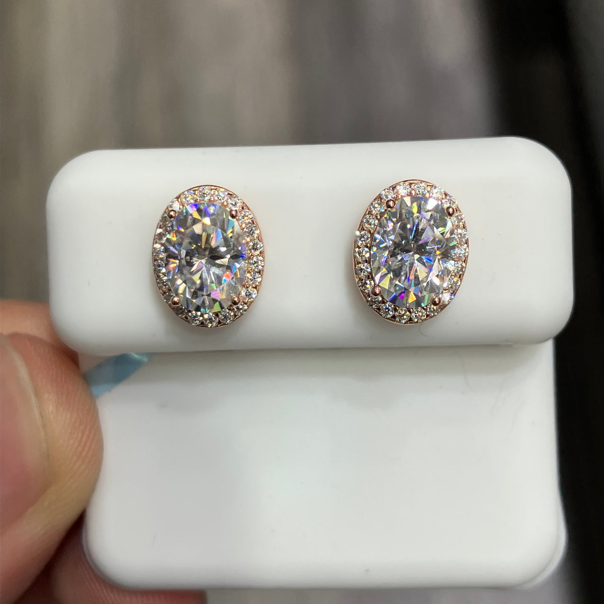 925 Sterling Silver Rose Gold Coated 3.22CTW VVS-D Moissanite Oval Earrings Studs