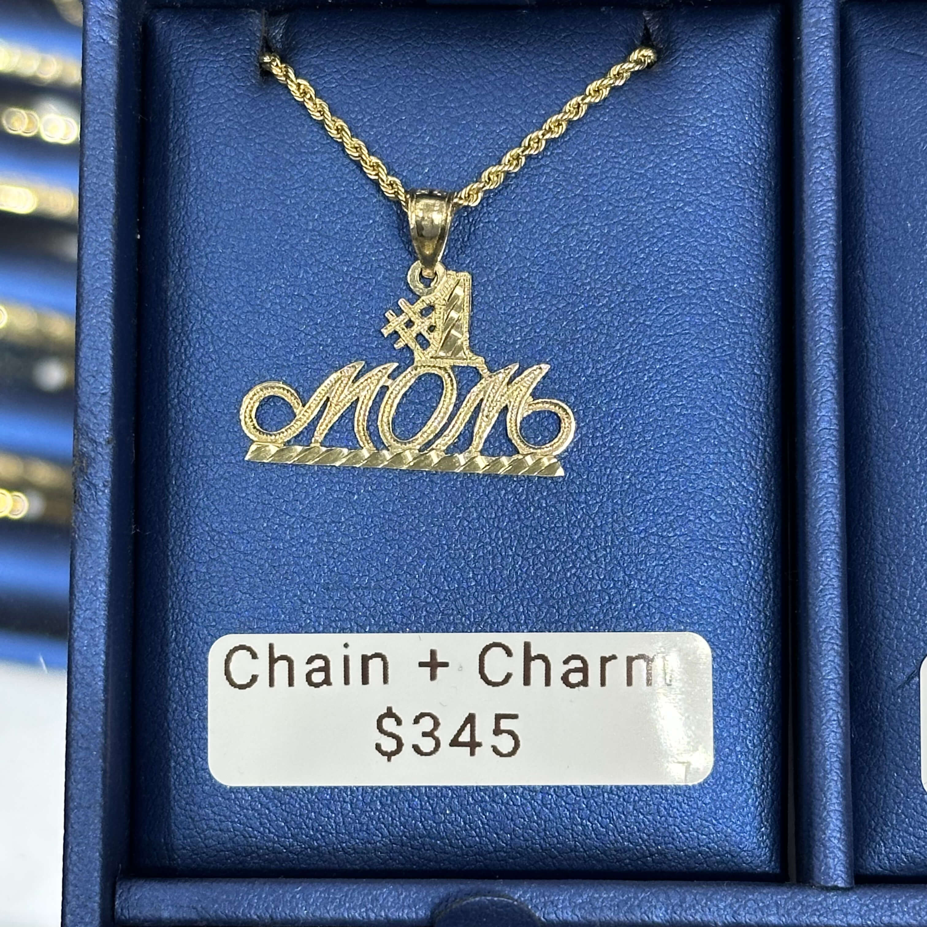 Number 1 Mom 10k Gold Charm with 2mm Rope Chain