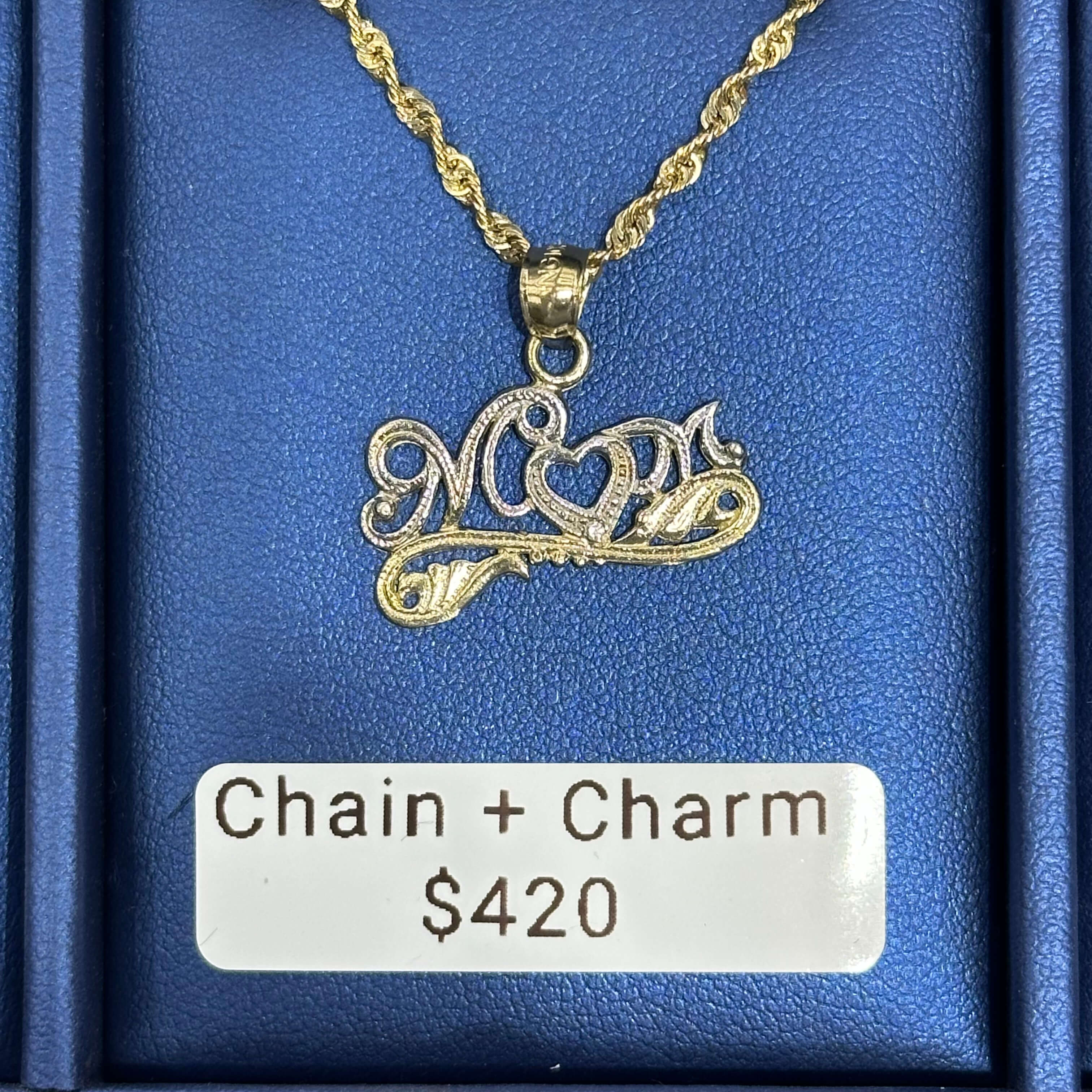 10k Gold Mom with Heart Charm and Rope Style Necklace