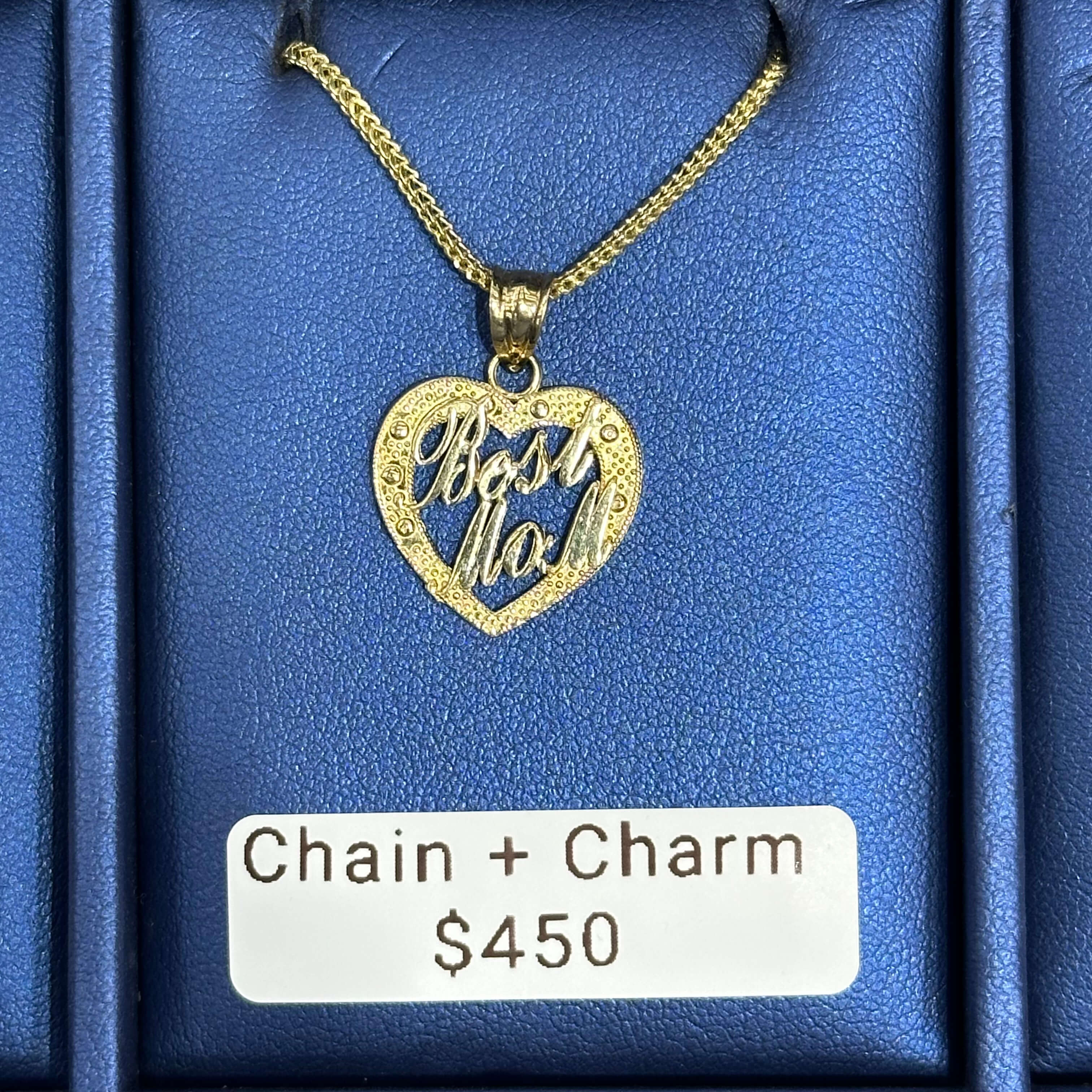 Heart with Best Mom text Charm and 10k Yellow Gold Chain